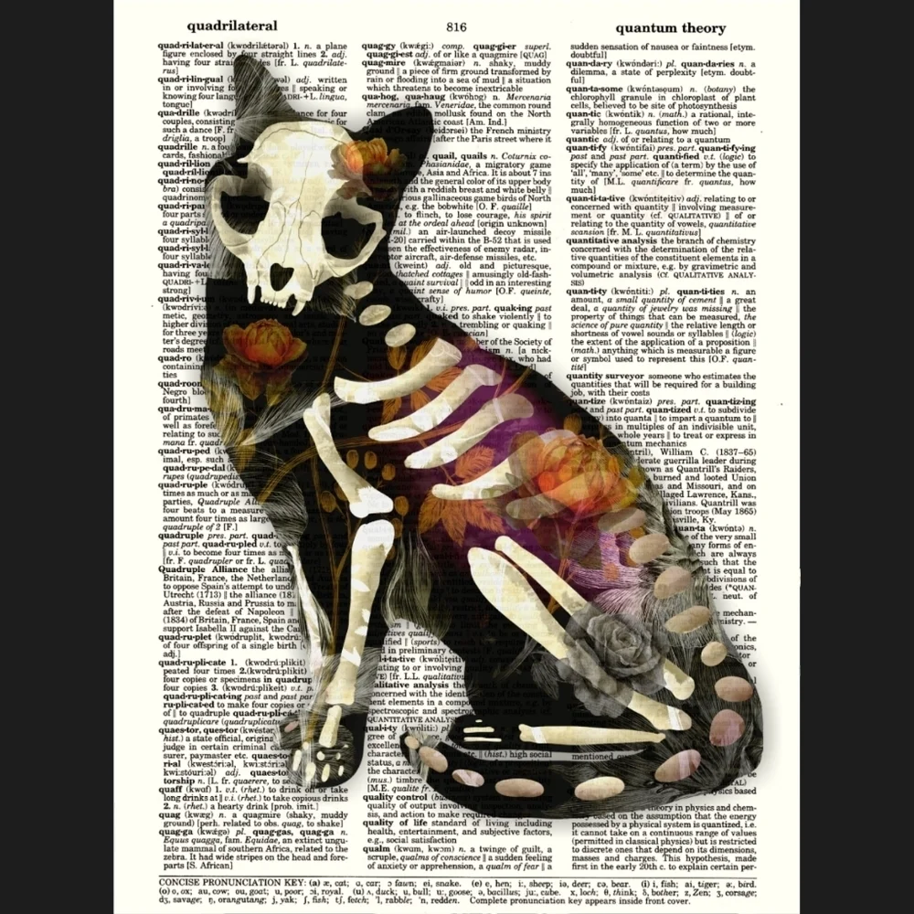 Sugar Skull Orange Cat Gothic Art Dictionary Print - Picture 1 of 4